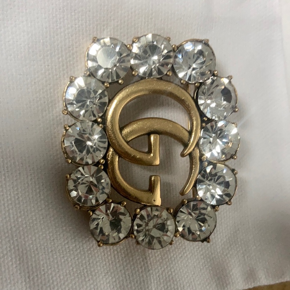 Gucci Double G Mormont Brooch With Crystal authentic rare bronze signature